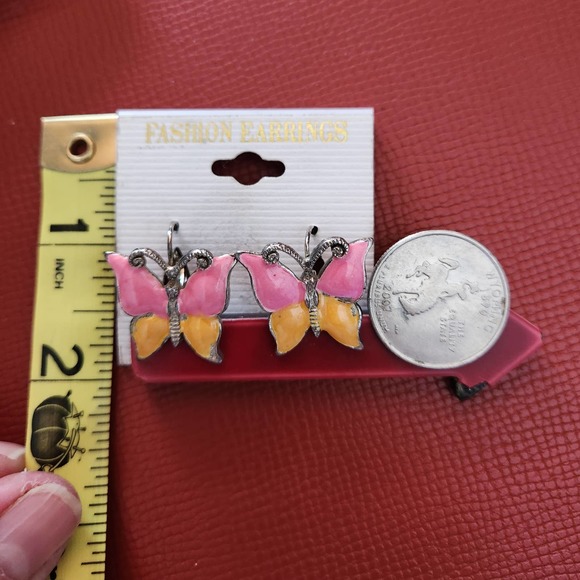 Butterfly Earrings Silver Tone Non-Magnetic Metal Pink & Orange Wings - Picture 2 of 6